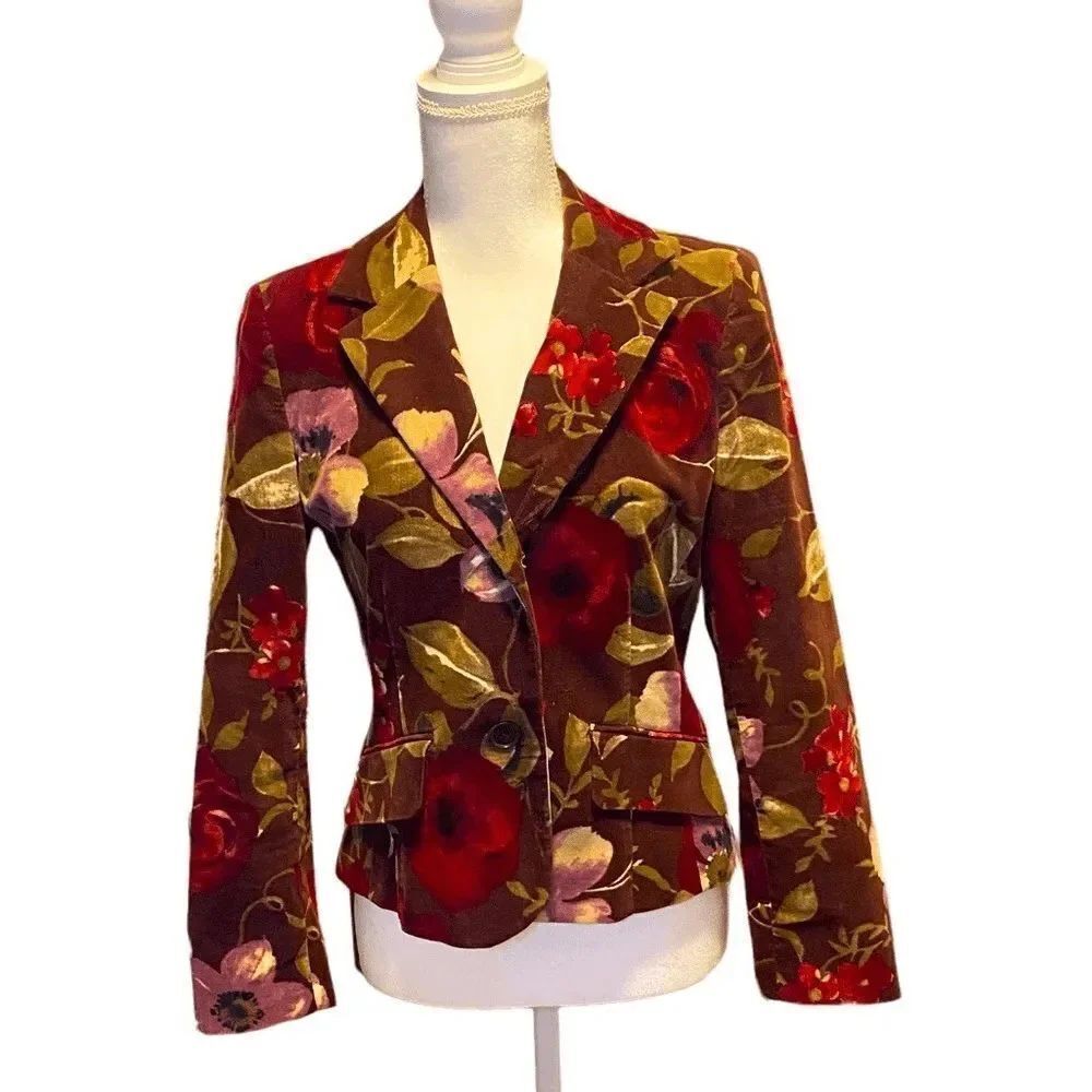 Vintage Floral Velour Tapestry Maroon Two Button Blazer Jacket Women’s Size XS